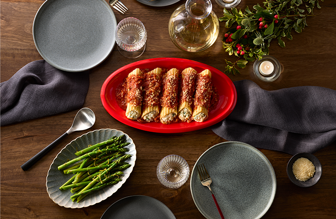 Tablescape with manicotti made from Barilla pasta